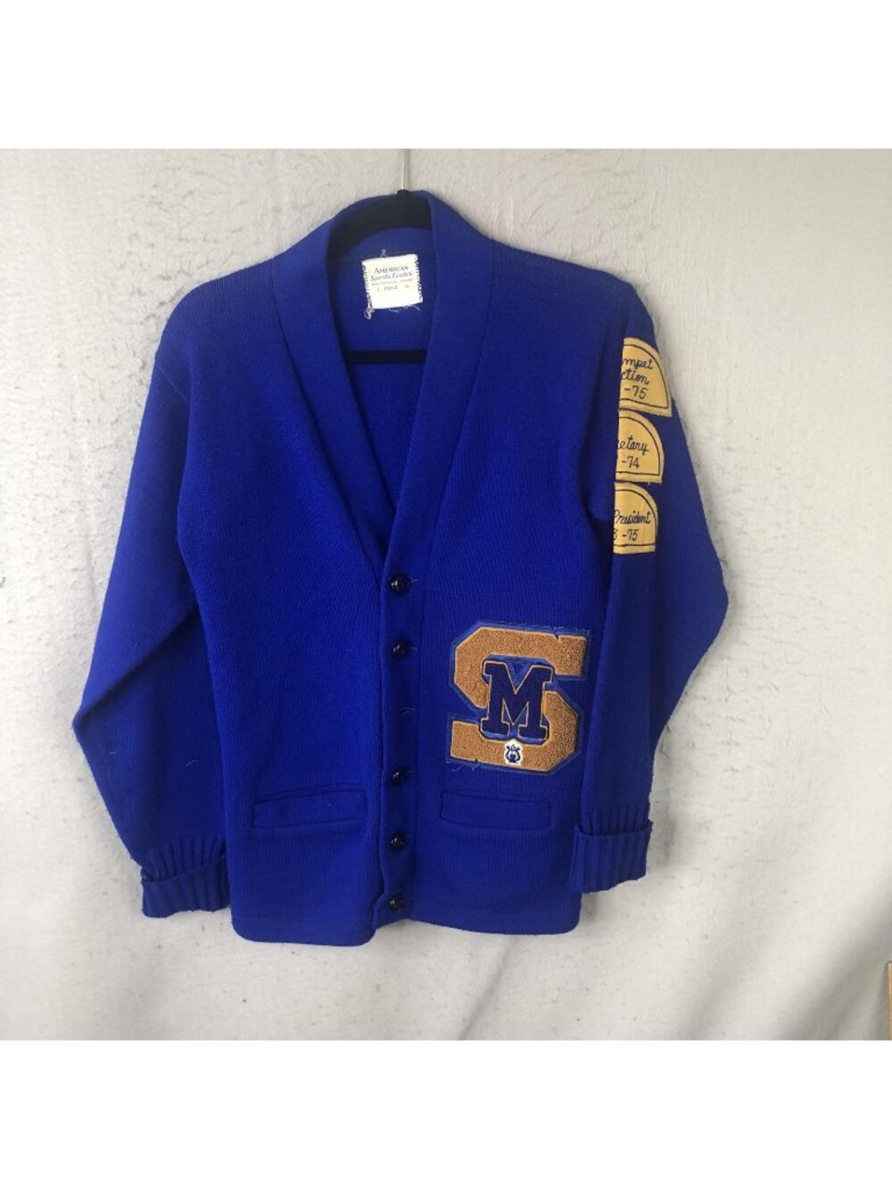 Vintage Varsity Cardigan Sweater Mens Small Blue Letterman 70s Academia Preppy
